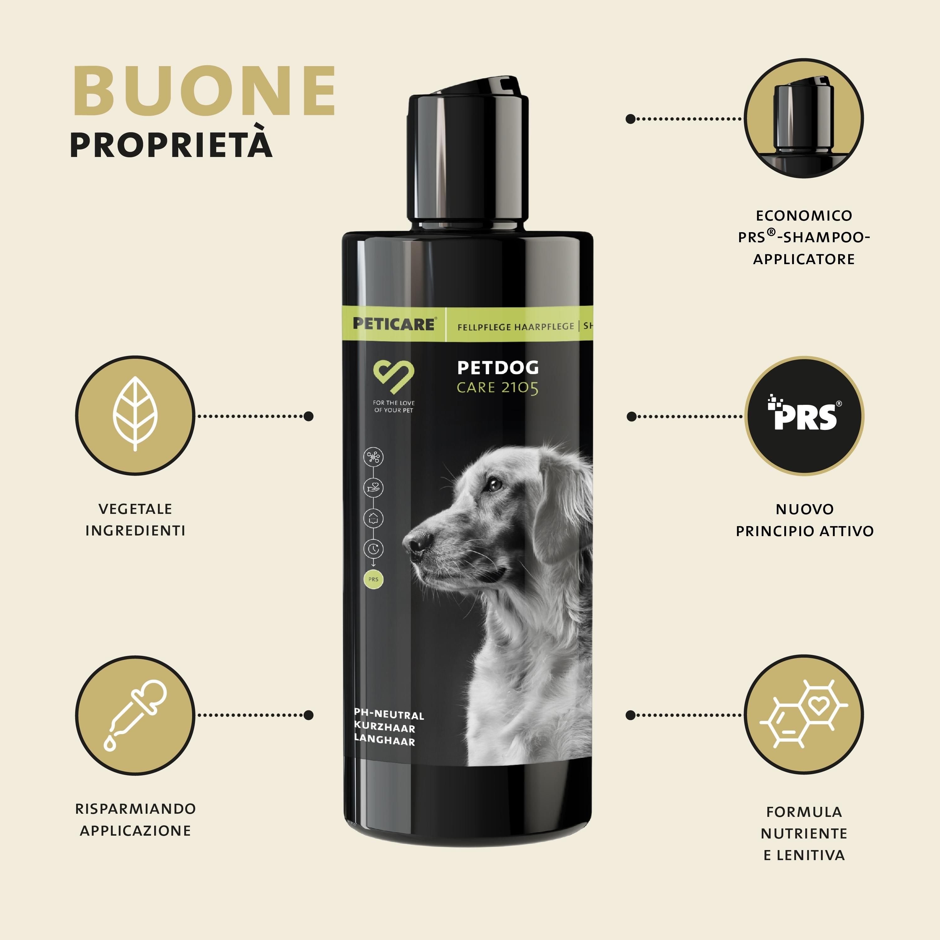 Schwarze Flasche mit Peticare Petdog Care 2105 Shampoo. Text: Vegane Inhaltsstoffe, sparsame Anwendung, neuer Wirkstoff.