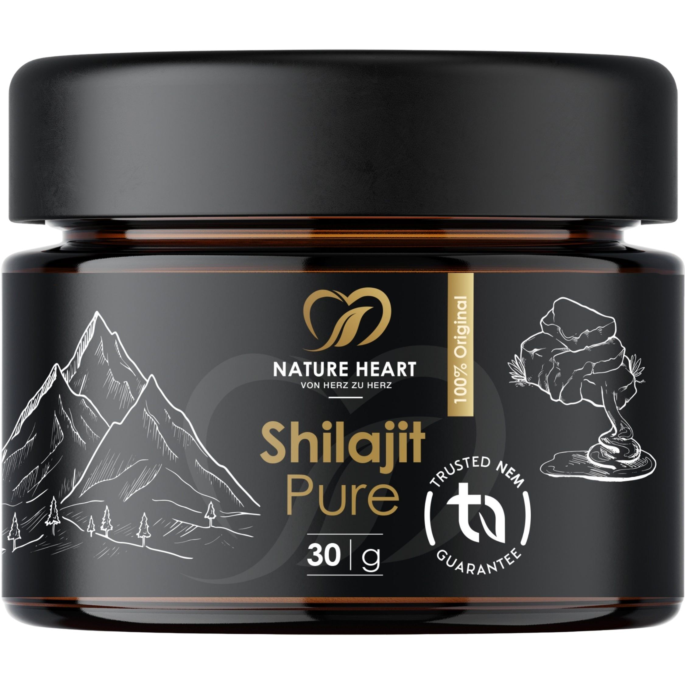 Nature Heart Shilajit Pure (Harz) in dunkler Glasverpackung mit schwarzem Deckel. 30g.