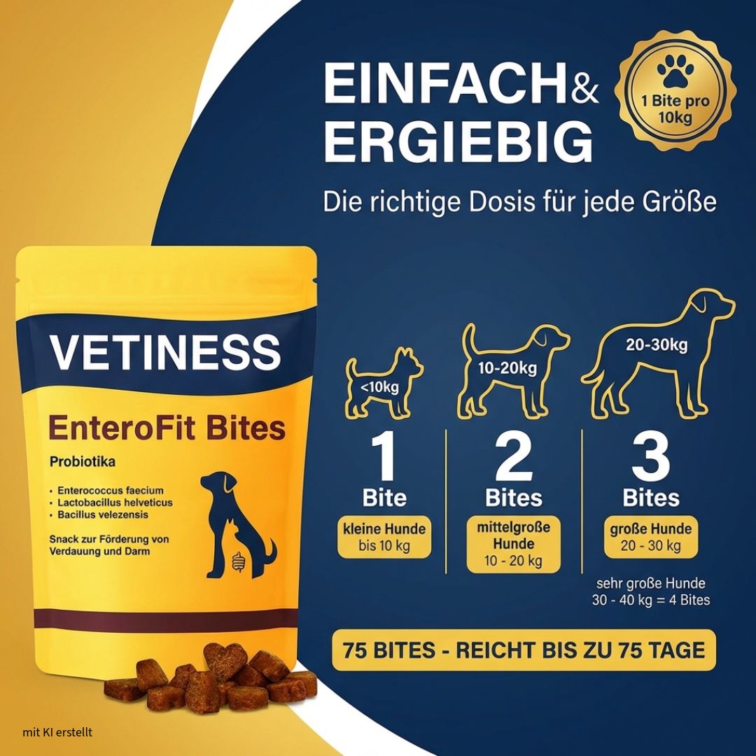 Gelbe Verpackung mit Produktnamen und Illustration. Dosierungsempfehlung für Hunde nach Gewicht. 75 Bites - reicht bis zu 75 Tage.