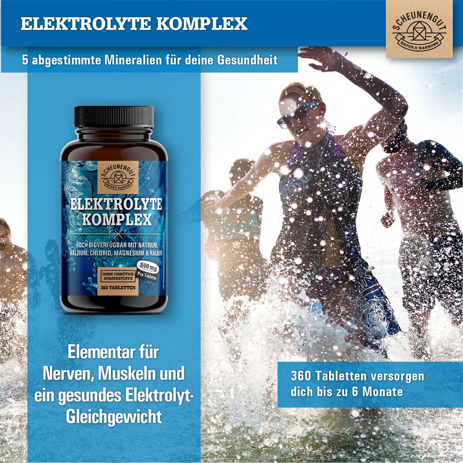 Flasche Elektrolyte Komplex neben Läufern im Wasser. Text: Elementar für Nerven, Muskeln, Elektrolytgleichgewicht.