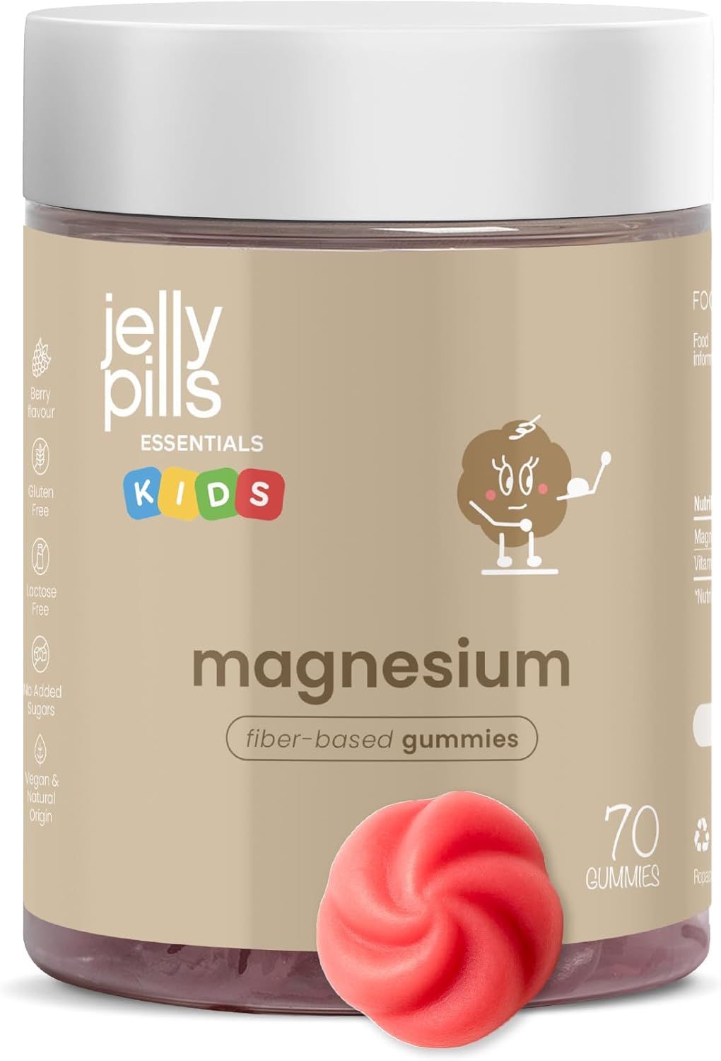 Behälter mit Jelly Pills Magnesium Gummis. Rote Gummis liegen vor dem Behälter. Aufschrift: Magnesium, fiber-based gummies, 70 Gummies.
