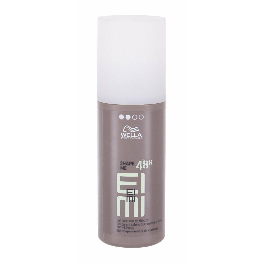 Zylindrische Flasche mit weißem Deckel. Aufschrift: Wella Eimi Shape Me 48h. Beige-braune Farbe.