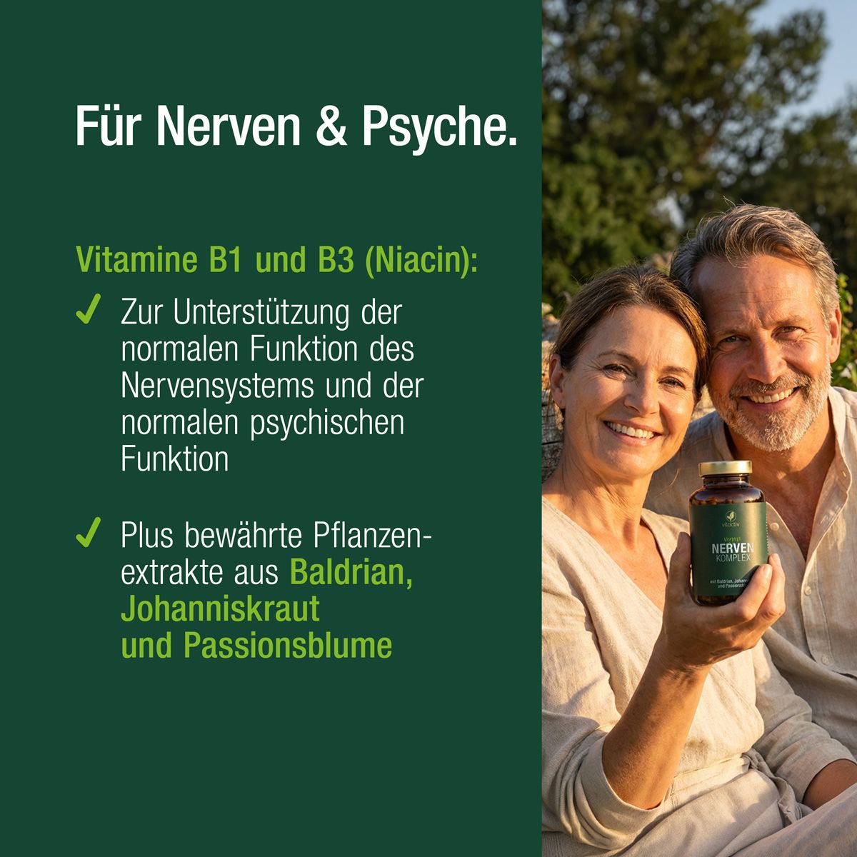 Mann und Frau lächeln, Frau hält Vitactiv Nerven Komplex Flasche. Vitamine B1/B3 unterstützen Nerven.