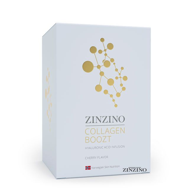 Weiße Produktverpackung mit goldenem Design. Text: ZINZINO Collagen Boozt, Hyaluronsäure-Infusion, Cherry Flavor. Logo: ZINZINO.