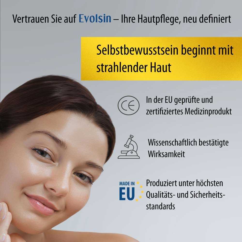 Frau mit strahlender Haut. Text: Selbstbewusstsein beginnt mit strahlender Haut. CE-Zeichen. Made in EU.