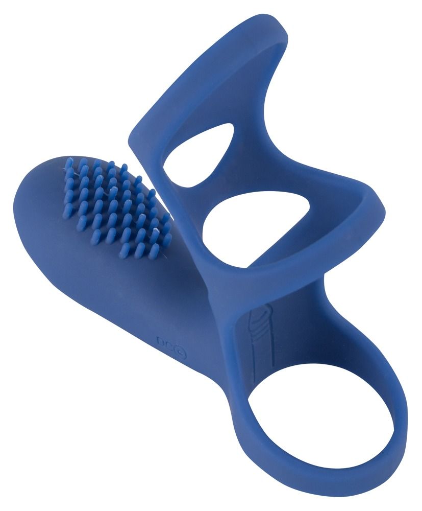 Blauer Ring mit Noppen. Silikon. Zwei Öffnungen. Oberteil mit Noppen. Aufschrift DC.