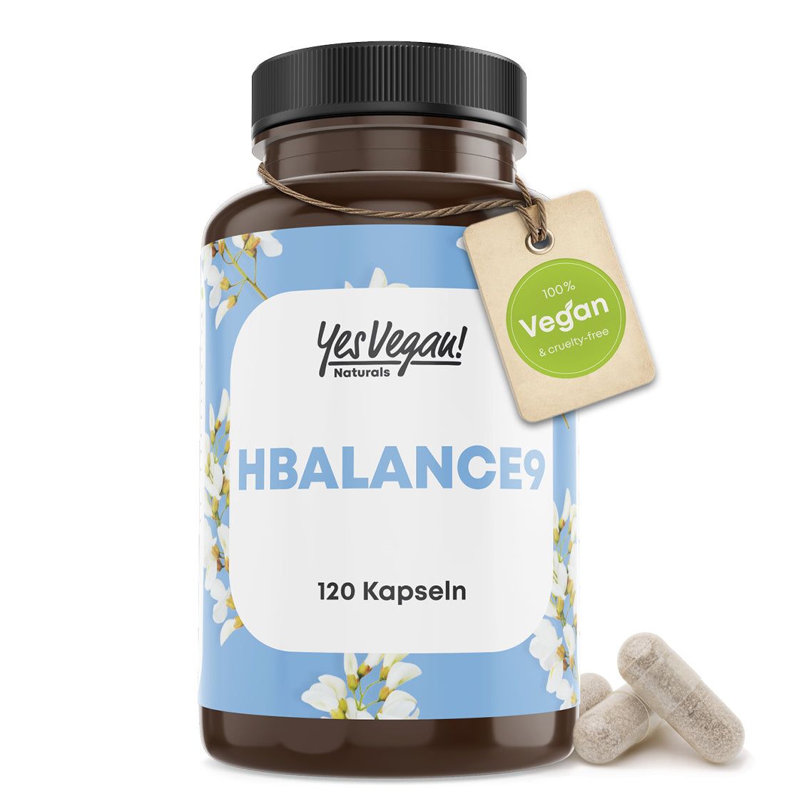 Braune Dose mit 120 Kapseln, Etikett mit Blumenmuster und "100% Vegan"-Siegel.