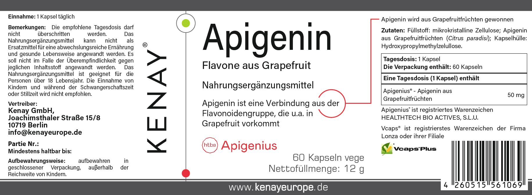 Etikett mit Produktinformationen. Text: Apigenin, Flaven aus Grapefruit, Nahrungsergänzungsmittel. Marke: KENAY.