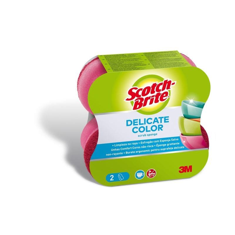 Zwei rosa Scotch-Brite® Reinigungsschwämme in Verpackung. Aufschrift: Delicate Color, 2 Stück. Logo: Scotch-Brite.