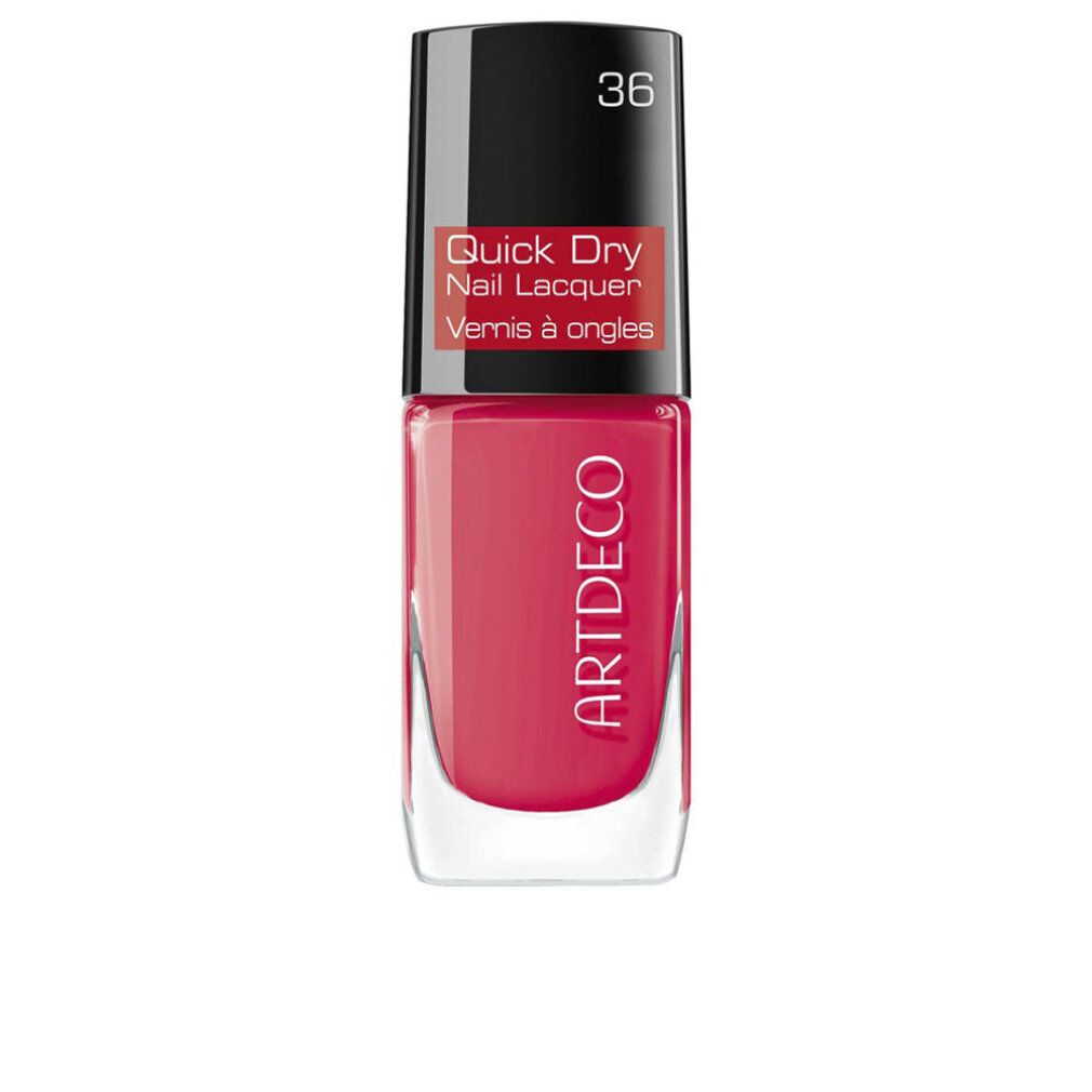 Nagellack-Flakon, rot, mit schwarzem Deckel. Aufschrift: Quick Dry Nail Lacquer, Artdeco. Farbnummer 36.