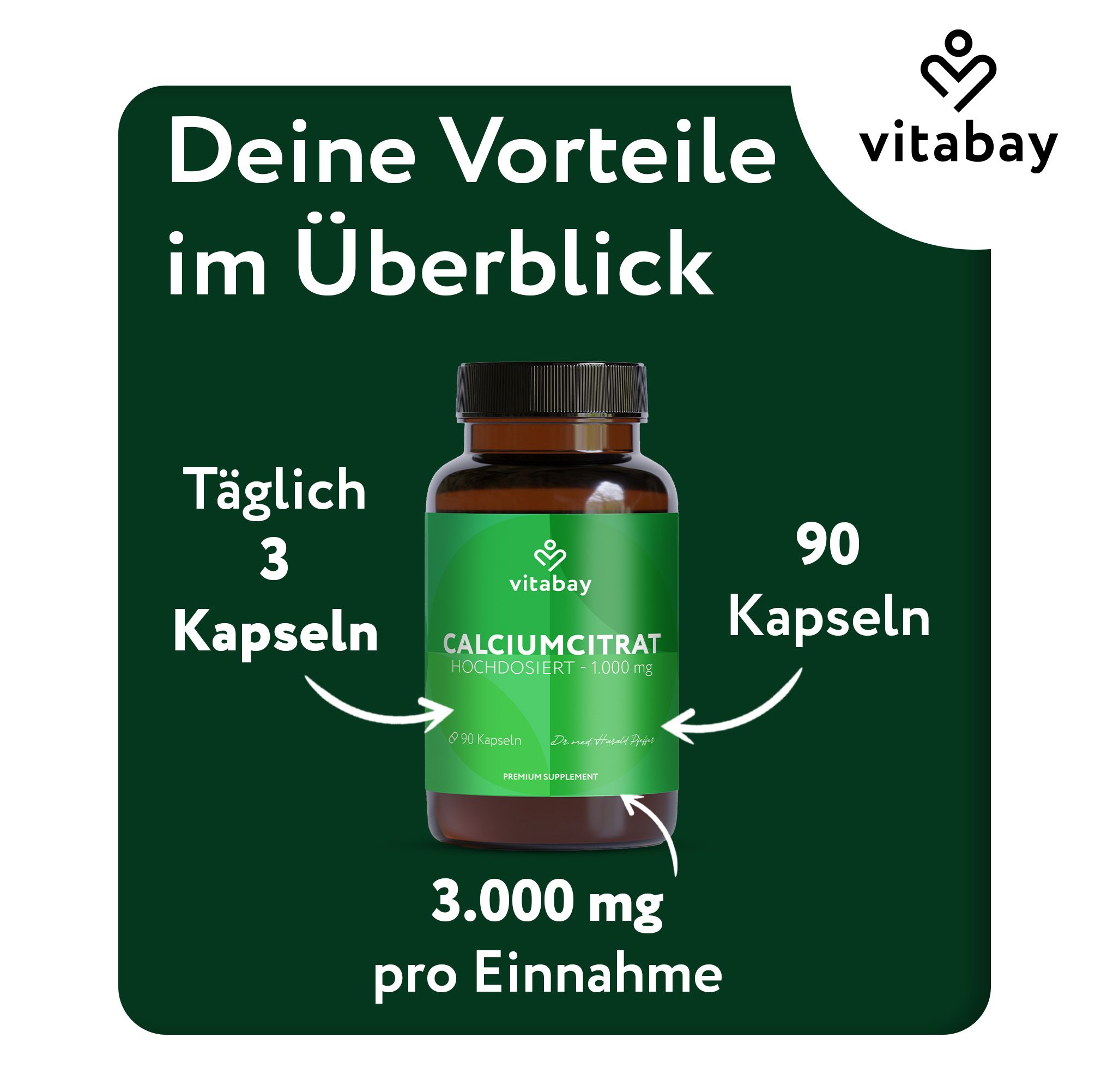 Braune Glasflasche mit grüner Beschriftung. Text: Calciumcitrat hochdosiert 1.000 mg. 90 Kapseln. 3.000 mg pro Einnahme. Vitabay Logo.