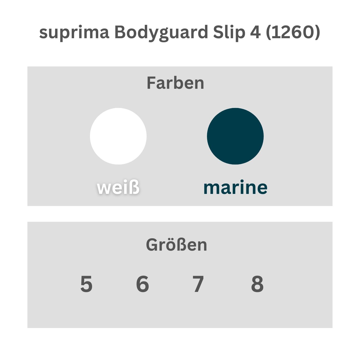 Infotafel: Farben und Größen für Suprima Bodyguard Slip 4. Farben: weiß, marine. Größen: 5, 6, 7, 8.
