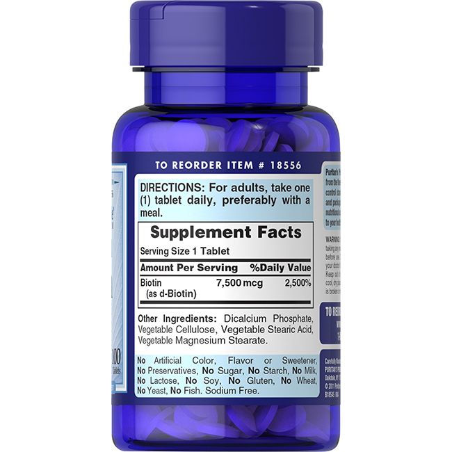 Rückseite einer blauen Tablettenflasche. Enthält Nährwertangaben und Inhaltsstoffe. Marke: Puritan's Pride.