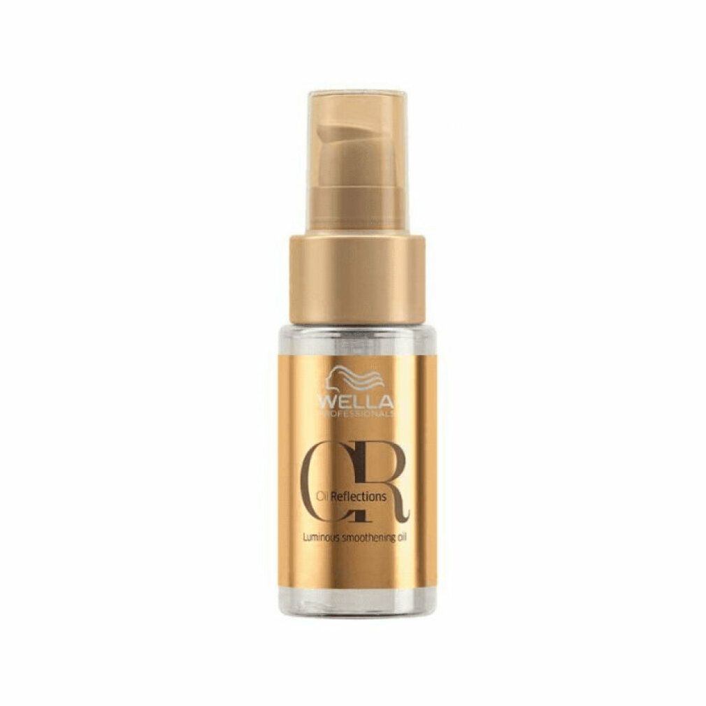 Klarflüssiges Haaröl in einer kleinen Flasche mit goldenem Pumpverschluss. Aufschrift: Wella, Oil Reflections.