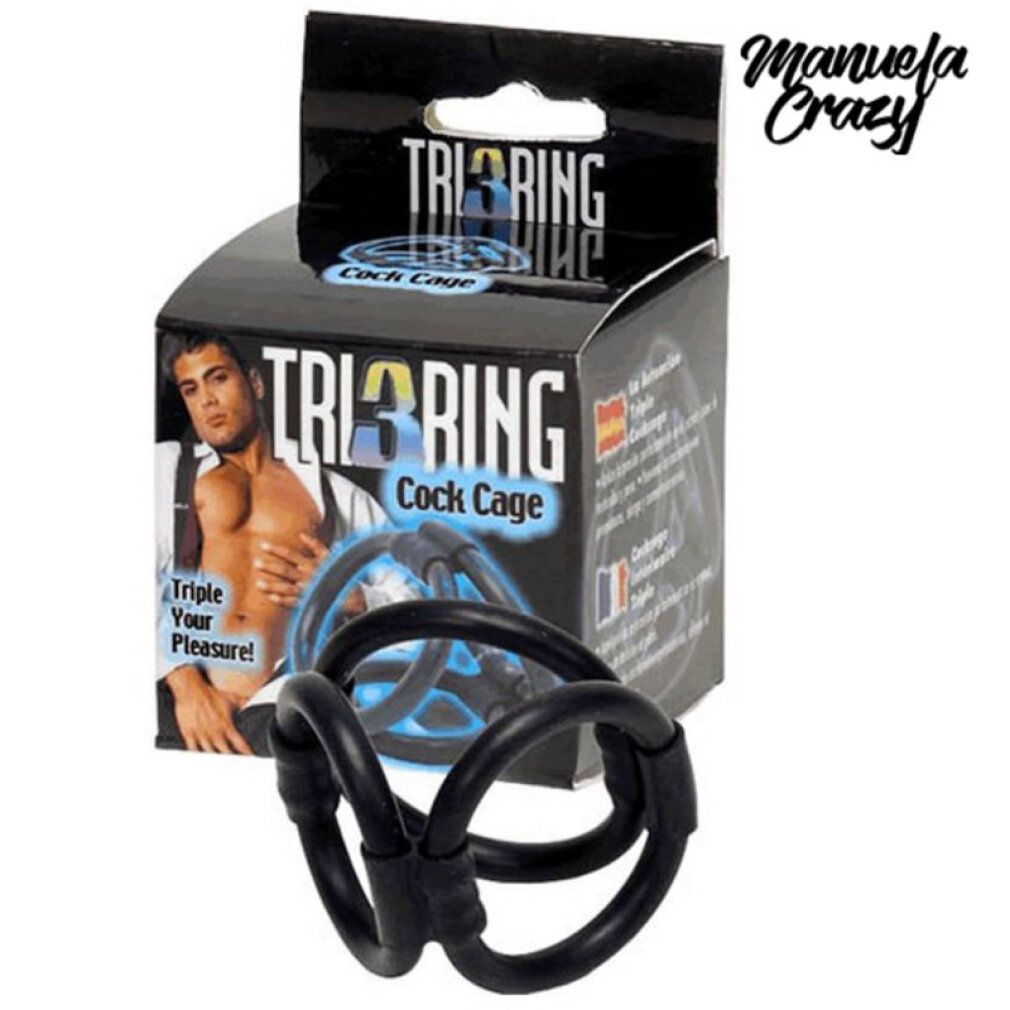 Schwarzer Tri Ring Cock Cage. Produktverpackung mit Produktname und Abbildung eines Mannes. Logo 'Manuela Crazy'.