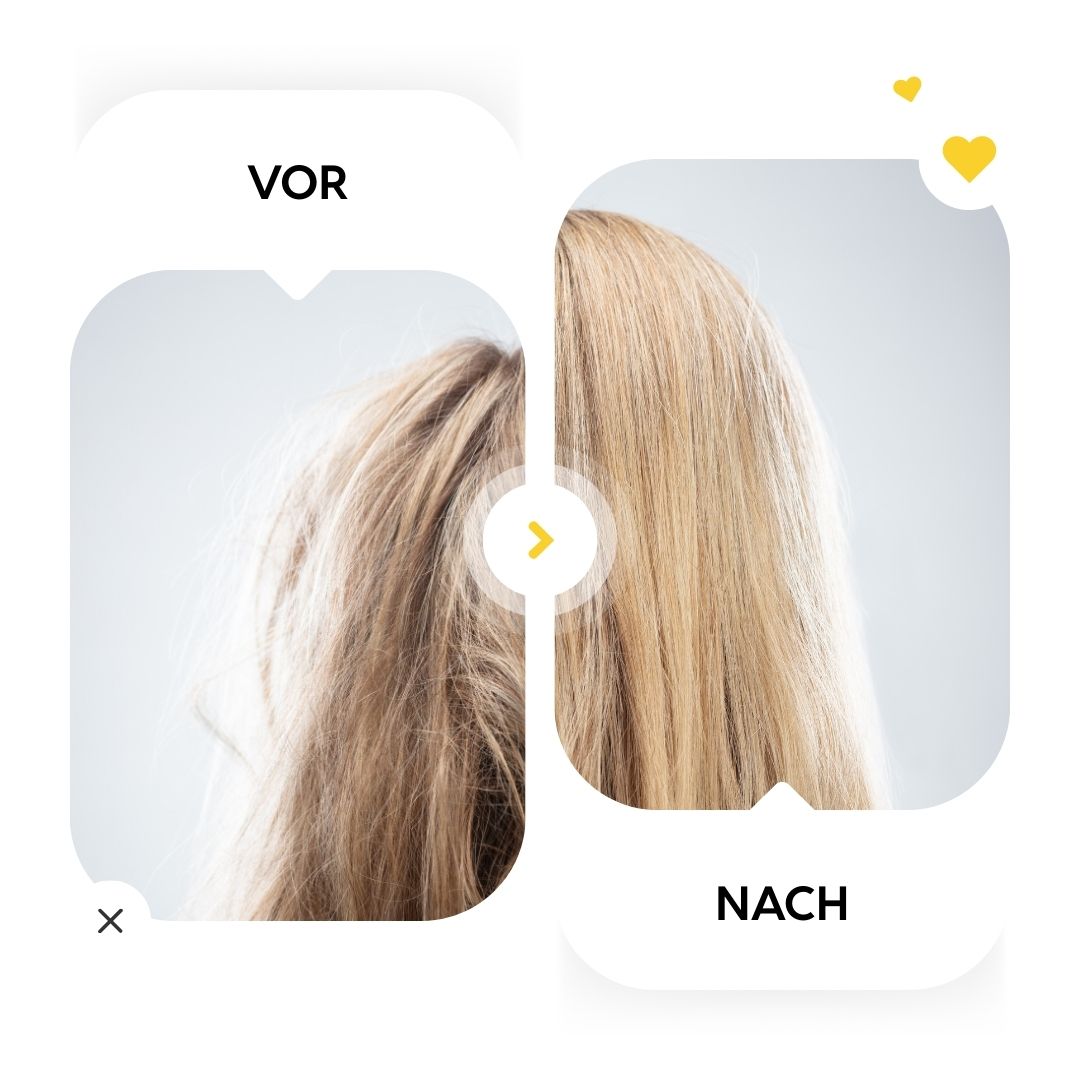 Vorher-Nachher-Vergleich. Blondes Haar, links ungepflegt, rechts gepflegt. Text in Sprechblasen.