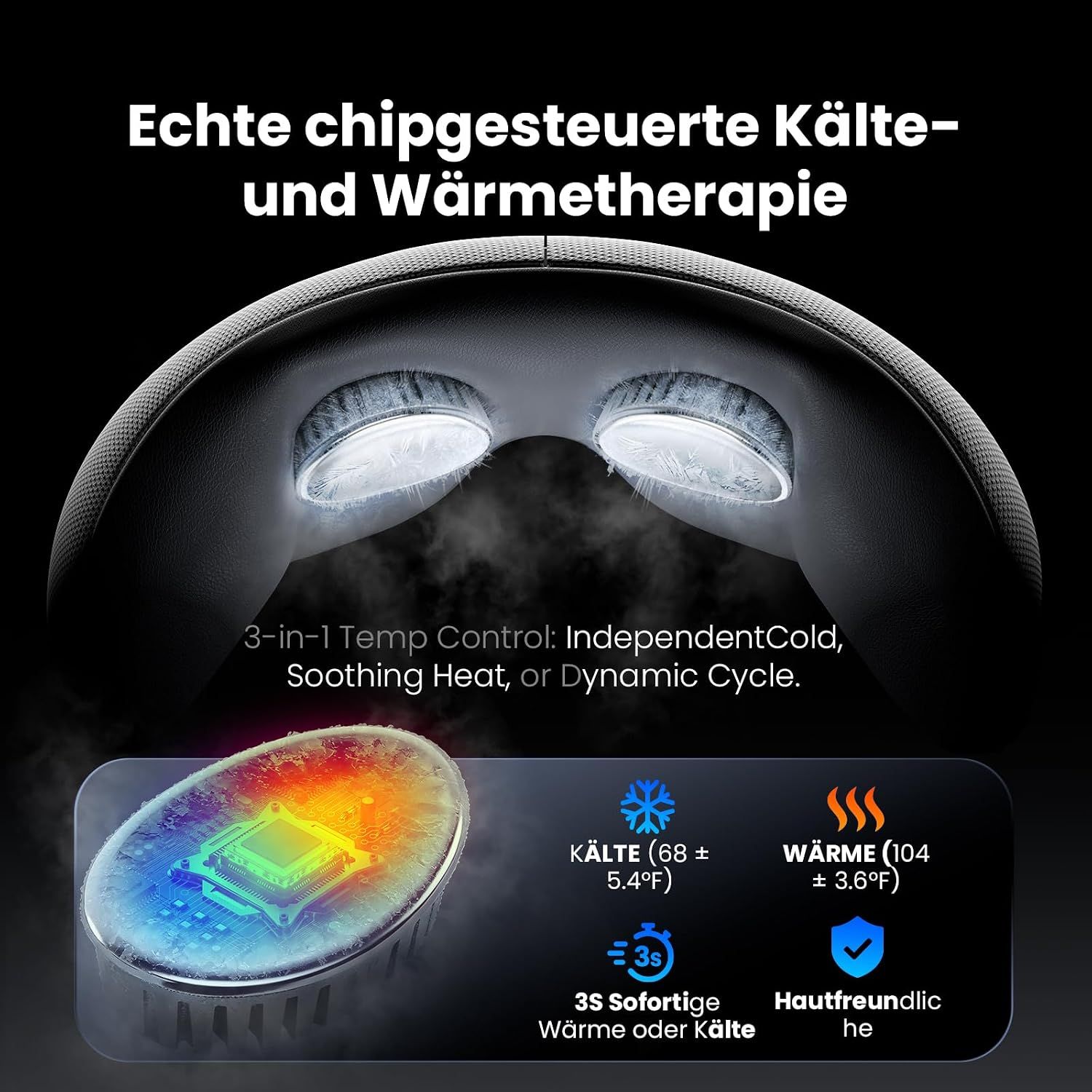 Graue Augenmaske mit Heizfunktion und Luftdruckmassage, auf einer Frau mit geschlossenen Augen liegend.