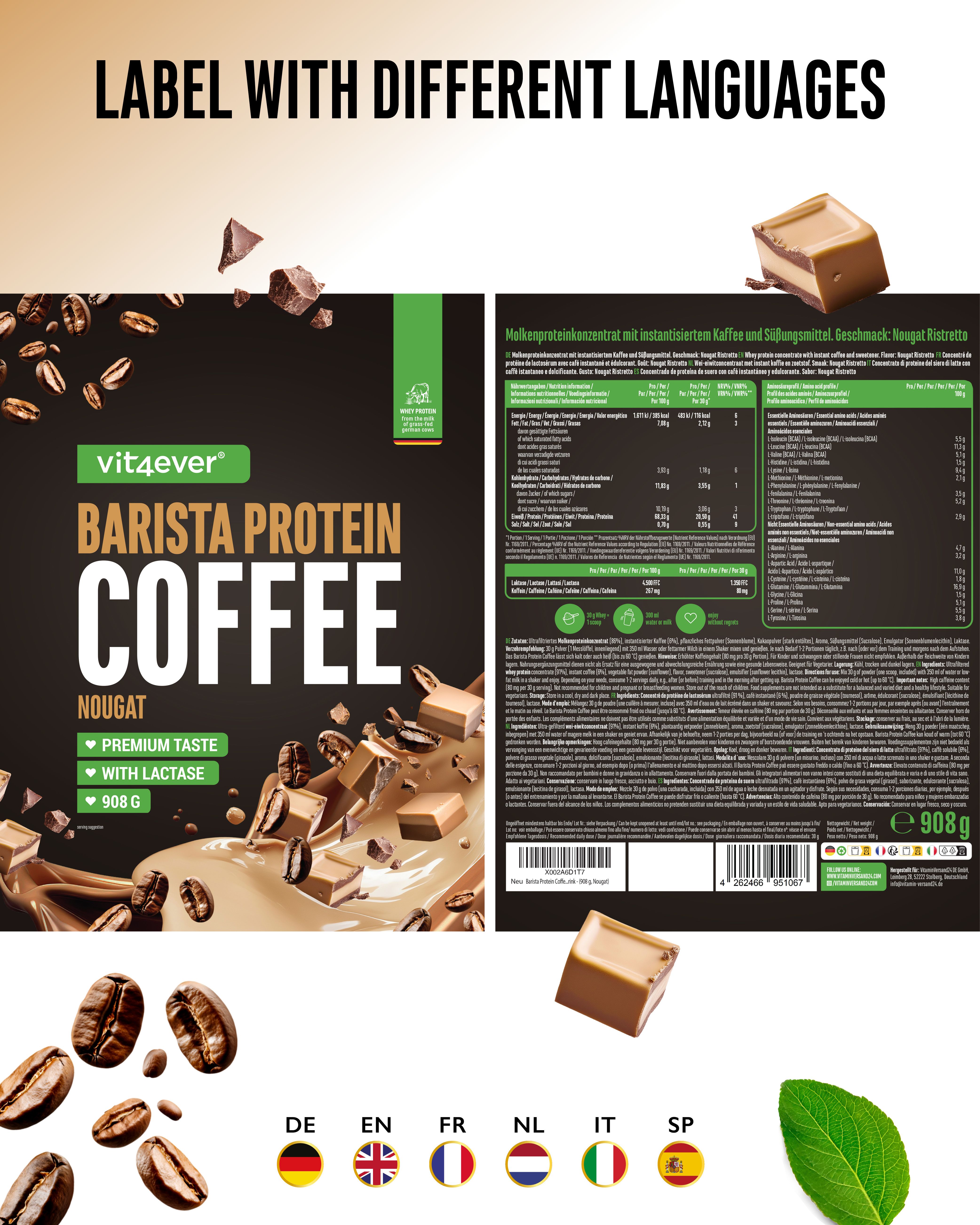 Verpackung "vit4ever Barista Protein Coffee Nougat" mit verschiedenen Sprachversionen. Rückseite mit Inhaltsstoffen und Nährwerten. 908g.