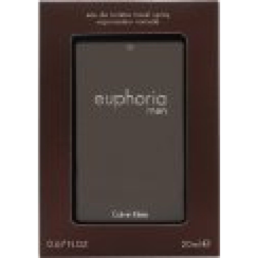 Braune Verpackung mit rechteckigem Fenster. Im Fenster, eine dunkle Sprühflasche. Oben steht "euphoria men".