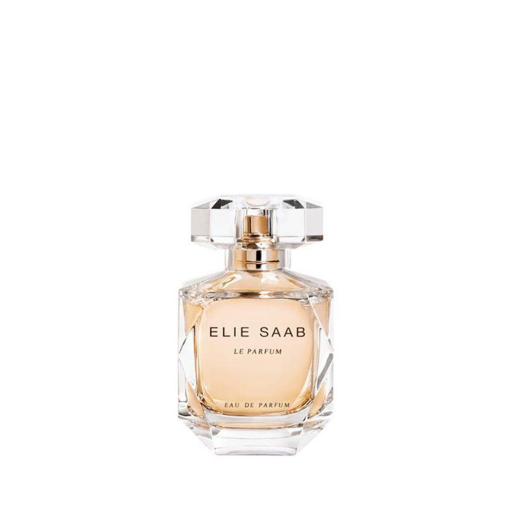 Elie Saab Le Parfum EDP Flakon. Klarer Glasflakon mit goldfarbenem Verschluss. Aufschrift: Elie Saab Le Parfum Eau de Parfum.