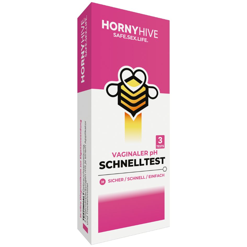 Produktverpackung "Horny Hive Vaginaler pH Schnelltest". Rosa, weiß und graues Design. Enthält 3 Tests. Logo und Text sichtbar.