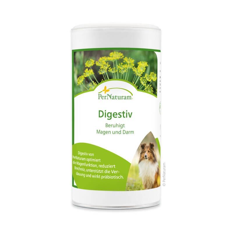 Weiße Dose mit grünem Etikett. Aufschrift "Digestiv". Abbildung von gelben Blüten und einem Hund. Text in deutscher Sprache.