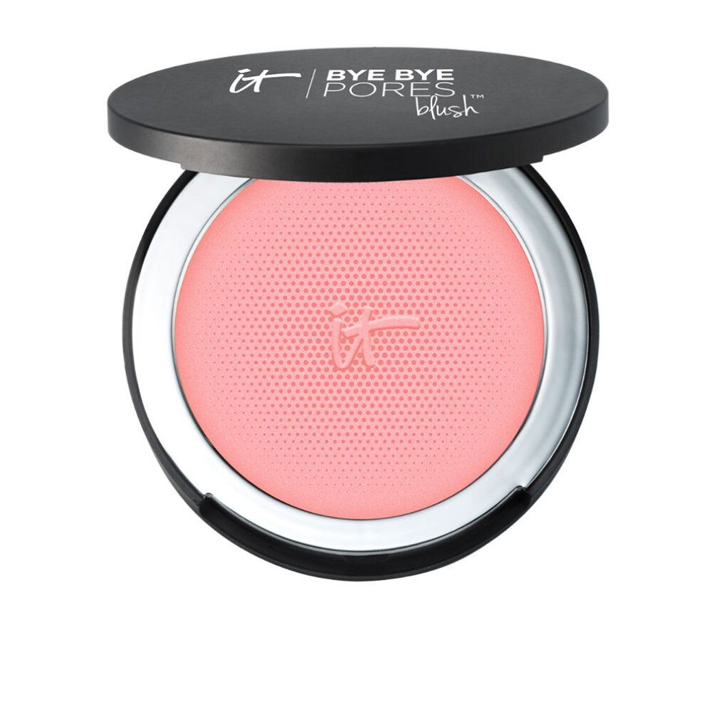 Runder Blush-Behälter, rosa Puder. Schwarzer Deckel mit Logo und Schriftzug.
