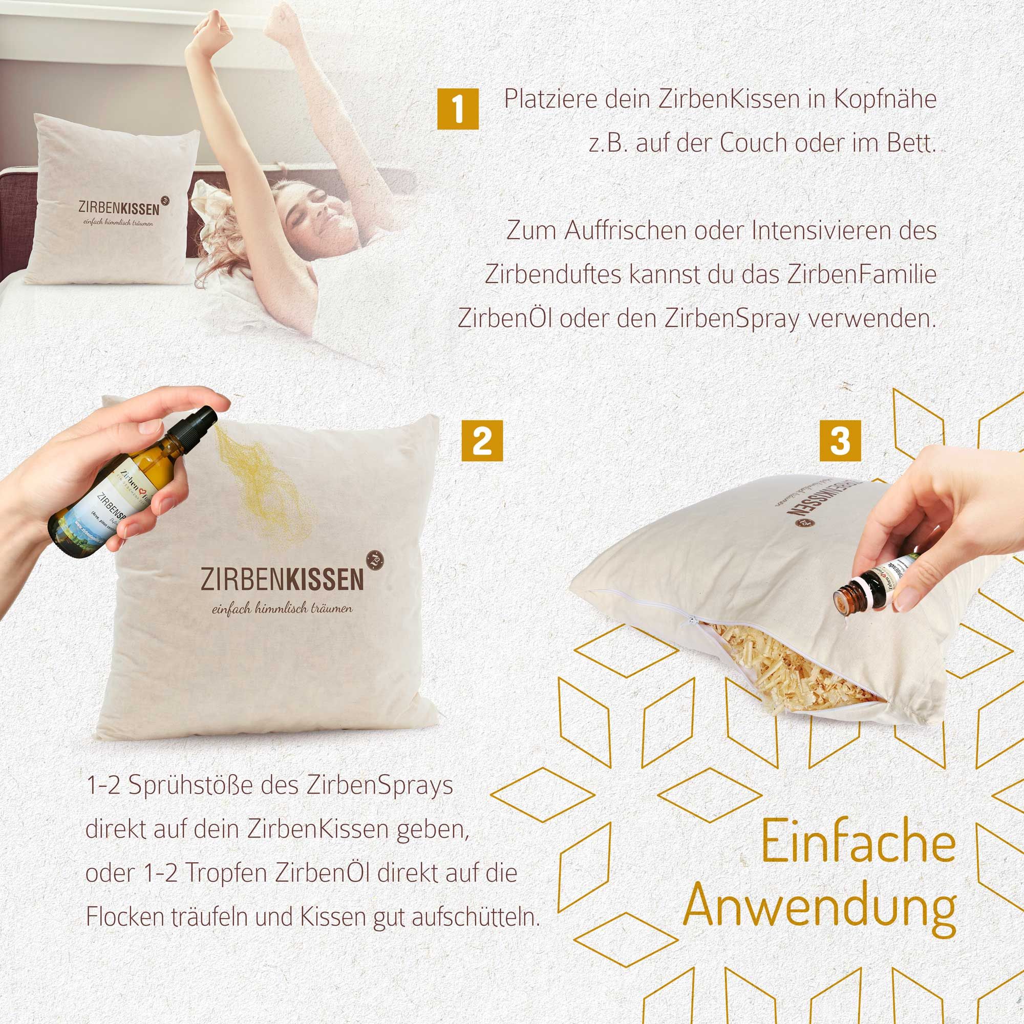 Anwendungsbeispiele für ZirbenKissen. Frau im Bett, Sprühen mit ZirbenSpray, Öl auf Flocken. Text: Einfache Anwendung.