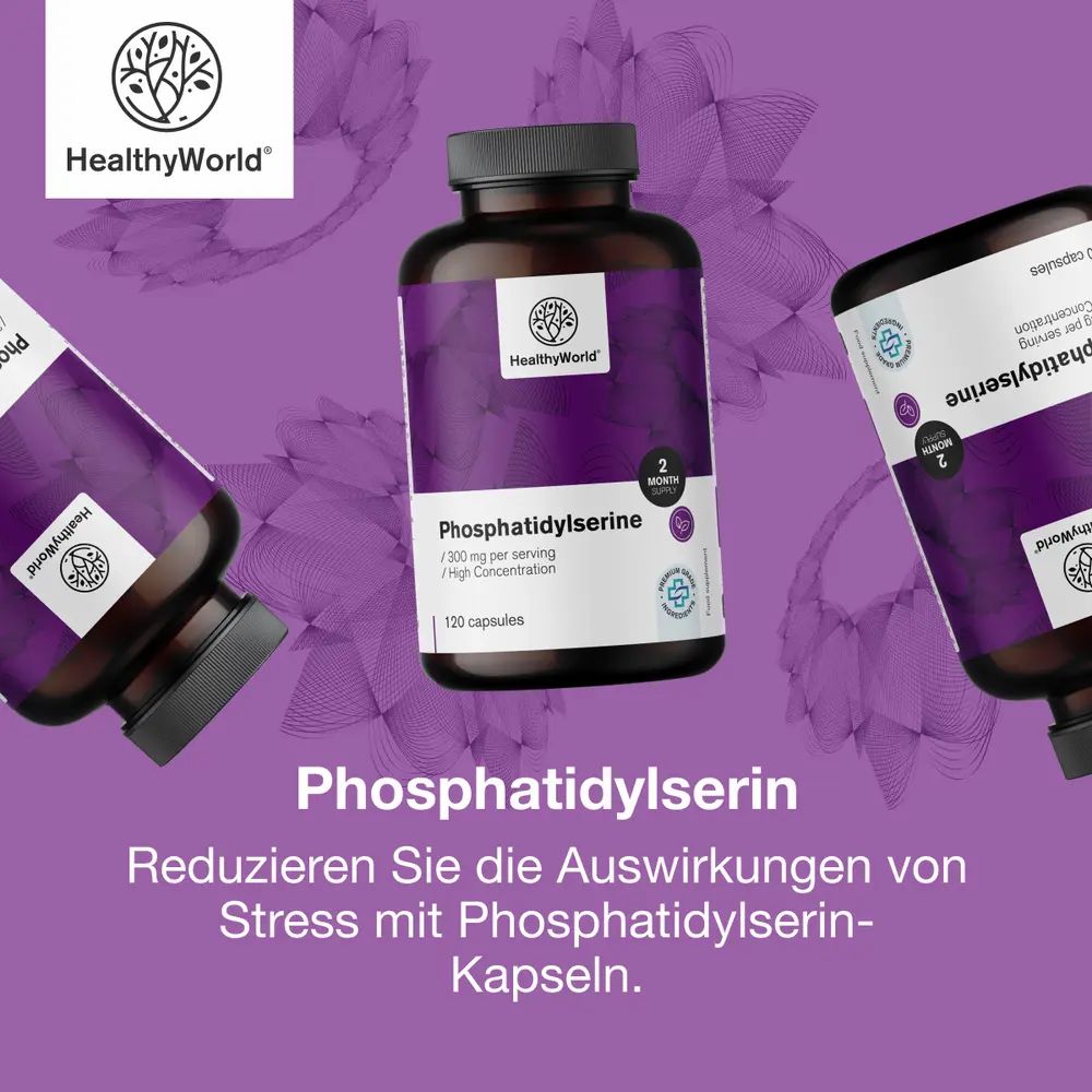 Drei Flaschen Phosphatidylserin auf lila Hintergrund. Text: "Reduzieren Sie die Auswirkungen von Stress".
