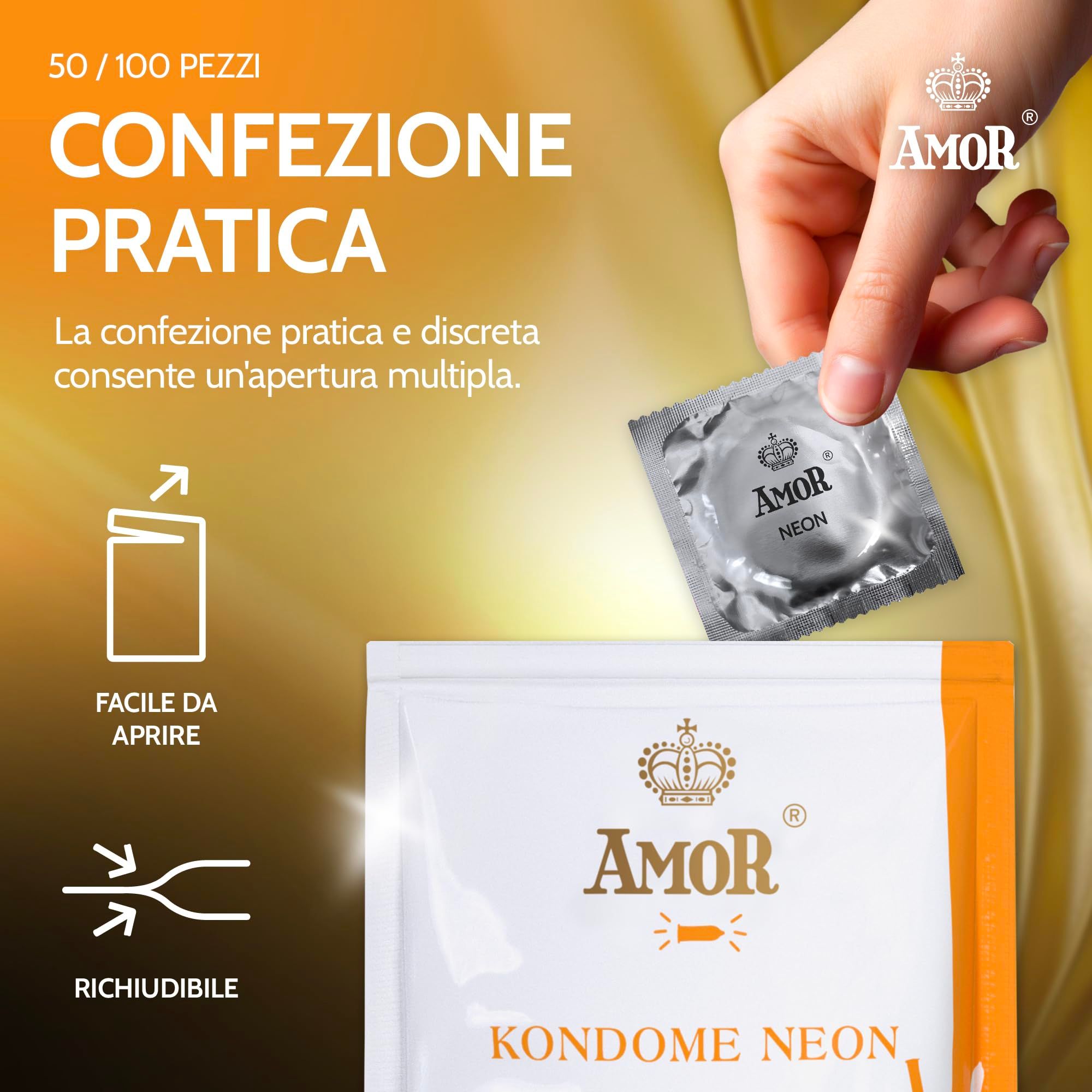 Hand hält einzeln verpacktes AMOR Neon Kondom.