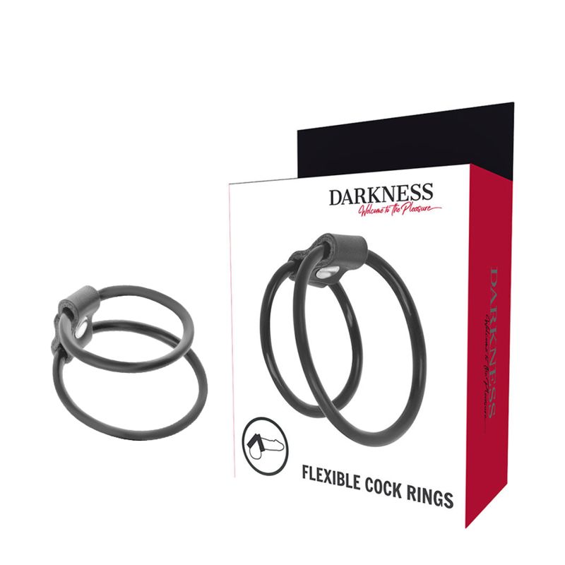 Verpackung mit zwei schwarzen Penisringen. DARKNESS, Flexible Cock Rings. Produkt und Verpackung.