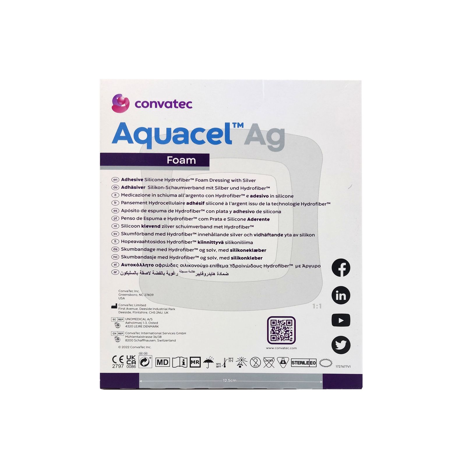Rückseite der Produktverpackung. Text in mehreren Sprachen. Logo und Kontaktinformationen. QR-Code und Zertifizierungen.