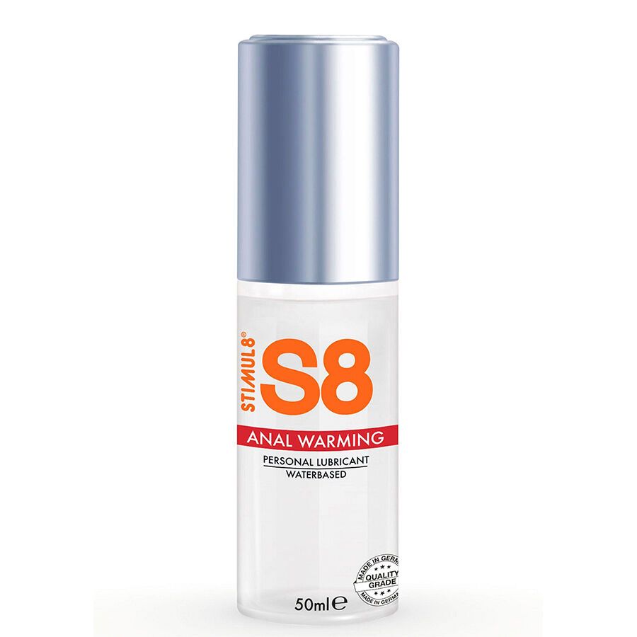 Stimul8 S8 Anal Warming Personal Lubricant, Wasserbasiert, 50ml Flasche mit silbernem Verschluss.