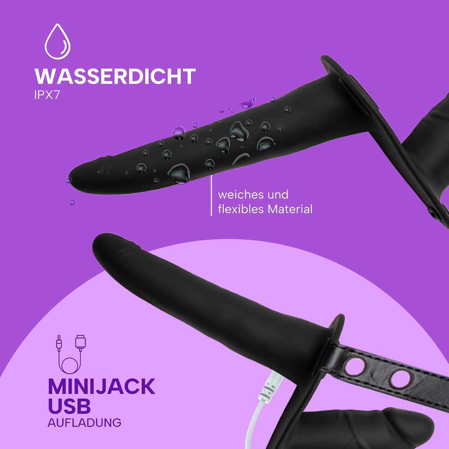 Schwarzer Vibrator mit breiter Basis, 15 cm lang, 4 cm Durchmesser. Inklusive Ladekabel, Anleitung und Fernbedienung.