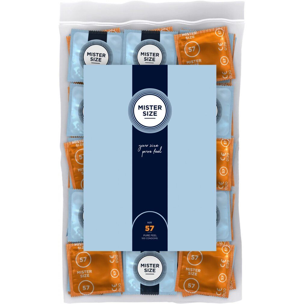 Verpackung mit Kondomen. Blaue und orangefarbene Einzelverpackungen. Aufdruck: Mister Size, 57.