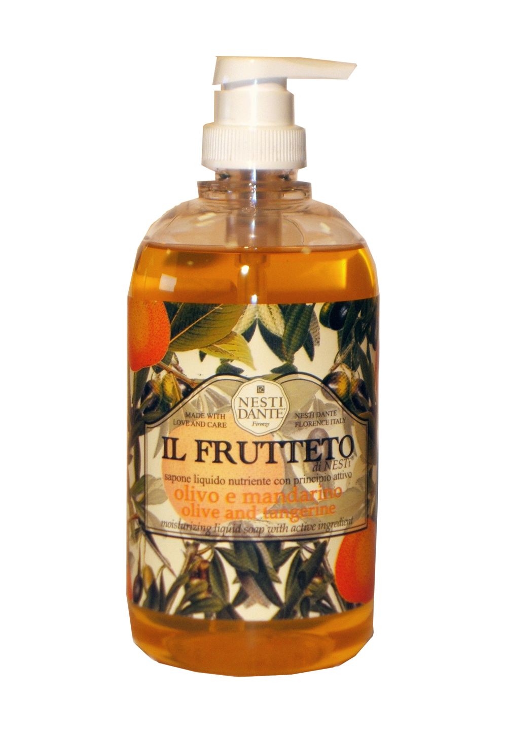 Transparente Flüssigseife in einer Flasche mit Spender. Aufschrift: IL FRUTTETO, Olivenöl und Mandarine. Marke: Nesti Dante.