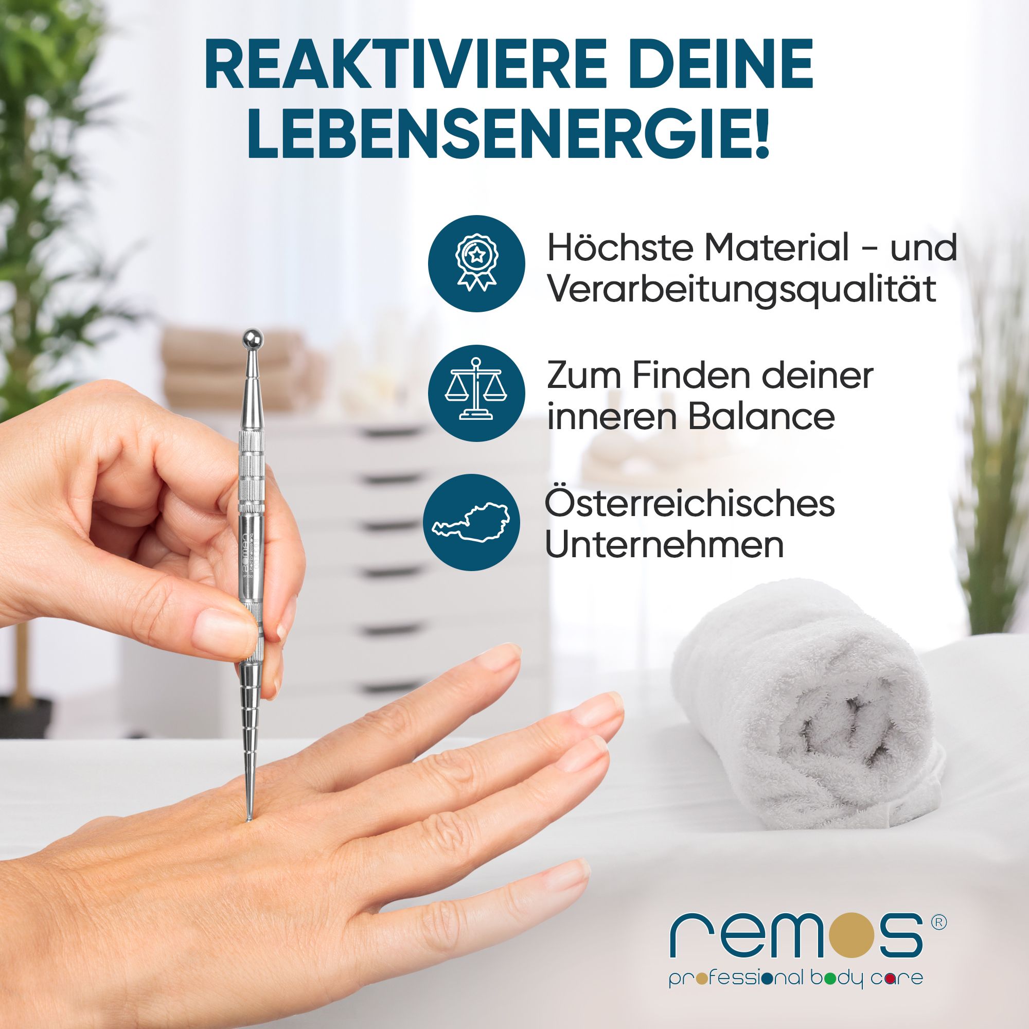 Akupressurstift aus Edelstahl, 13 cm, mit Kugelspitzen für gezielte Druckpunktstimulation.