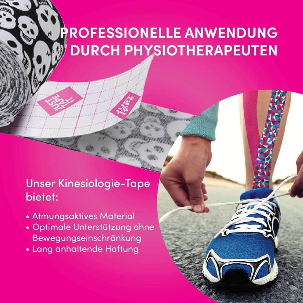 Kinesiotape mit Totenkopfmuster, teilweise abgerollt, zeigt Rückseite mit Gitternetz.