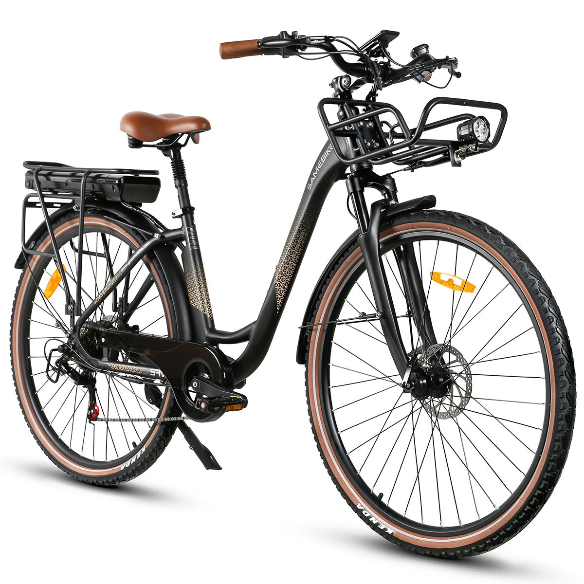 E-Bike, Frontansicht. Schwarzer Rahmen, braune Reifen und Sattel. Korb, Scheinwerfer und SAMEBIKE-Logo.