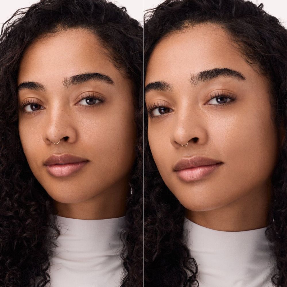 Gesicht einer Frau mit und ohne Catrice Skin Like Tinted Moisturizer. Deutlicher Unterschied im Hautton.
