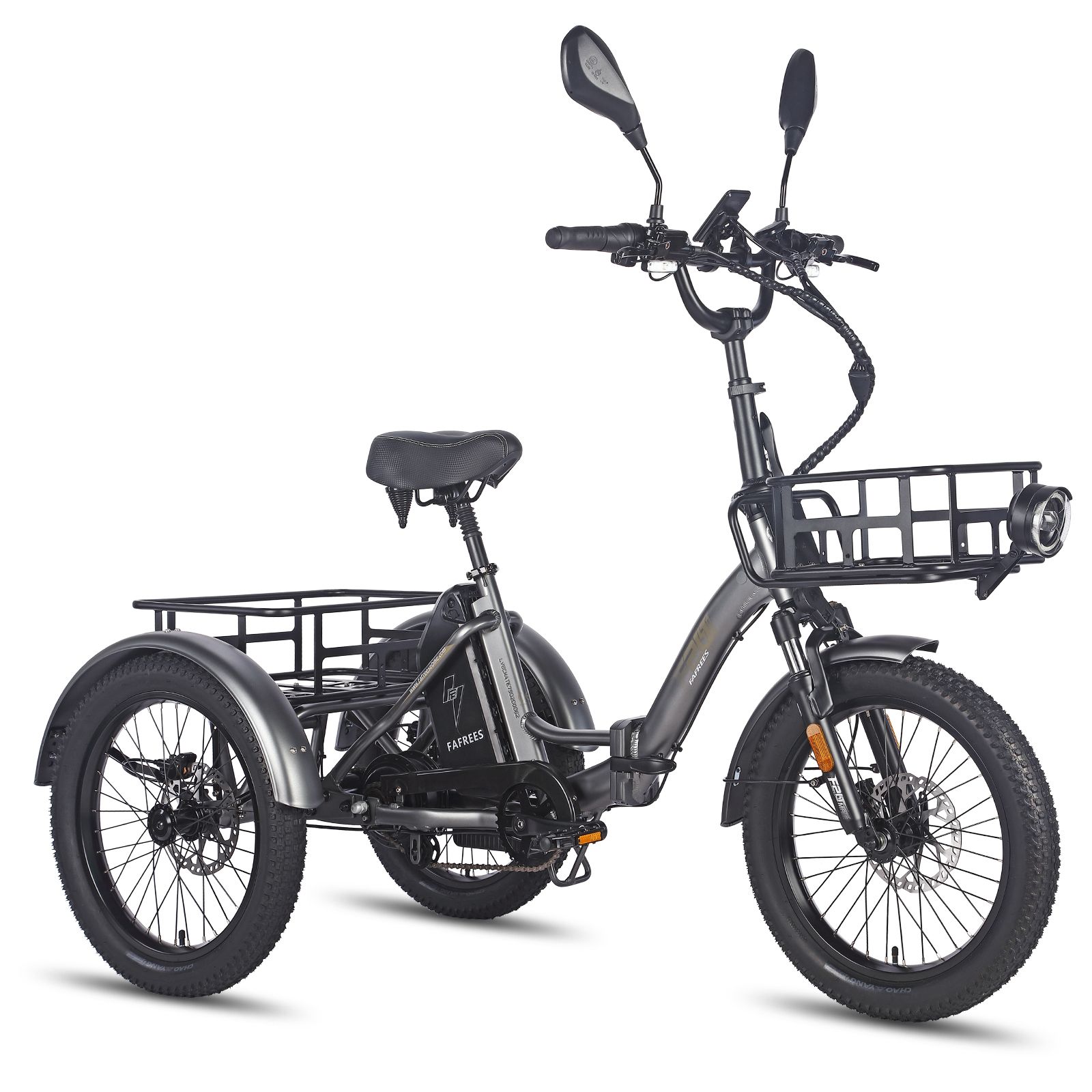 Graues Dreirad mit Korb, Scheinwerfer und Spiegeln. Schwarze Reifen und Schutzbleche. Fafrees-Logo.