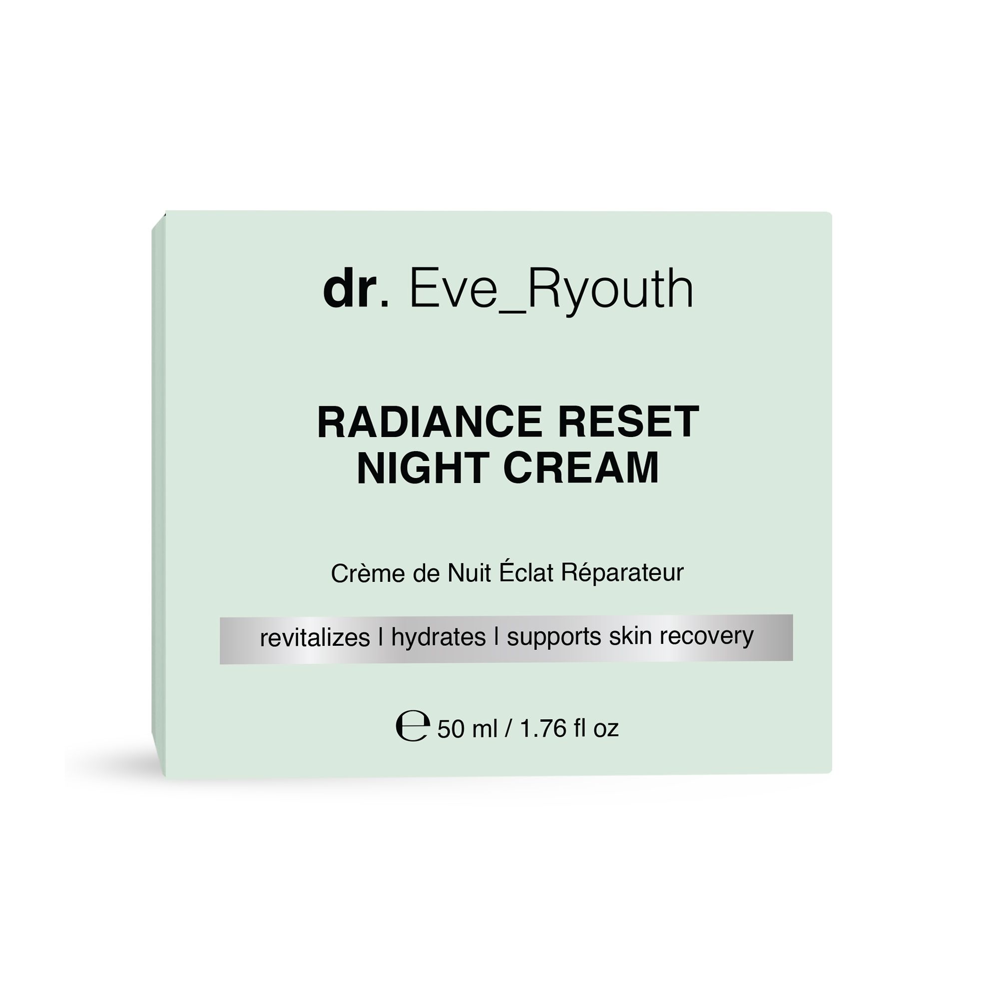 Hellgrüne Schachtel. Aufschrift: Dr. Eve_Ryouth Radiance Reset Night Cream. Text: revitalizes | hydrates | supports skin recovery. 50 ml / 1.76 fl oz.