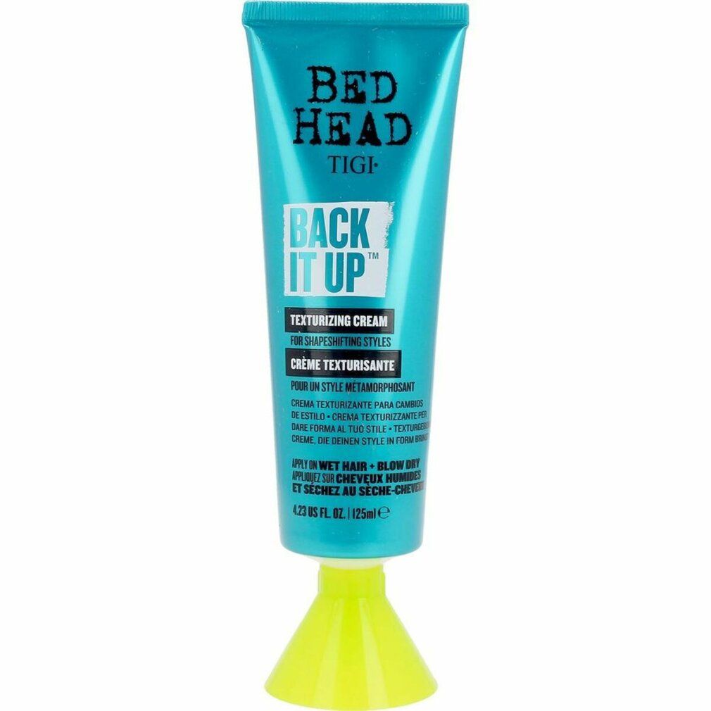 Türkise Tube mit schwarzem Text. Bed Head, TIGI, Back It Up Texturizing Cream. 125ml. Grüner Fuß.