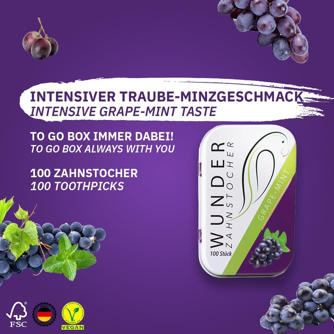 Wunder Zahnstocher - Zahnstocher mit Geschmack - Metalldose Traube Minze