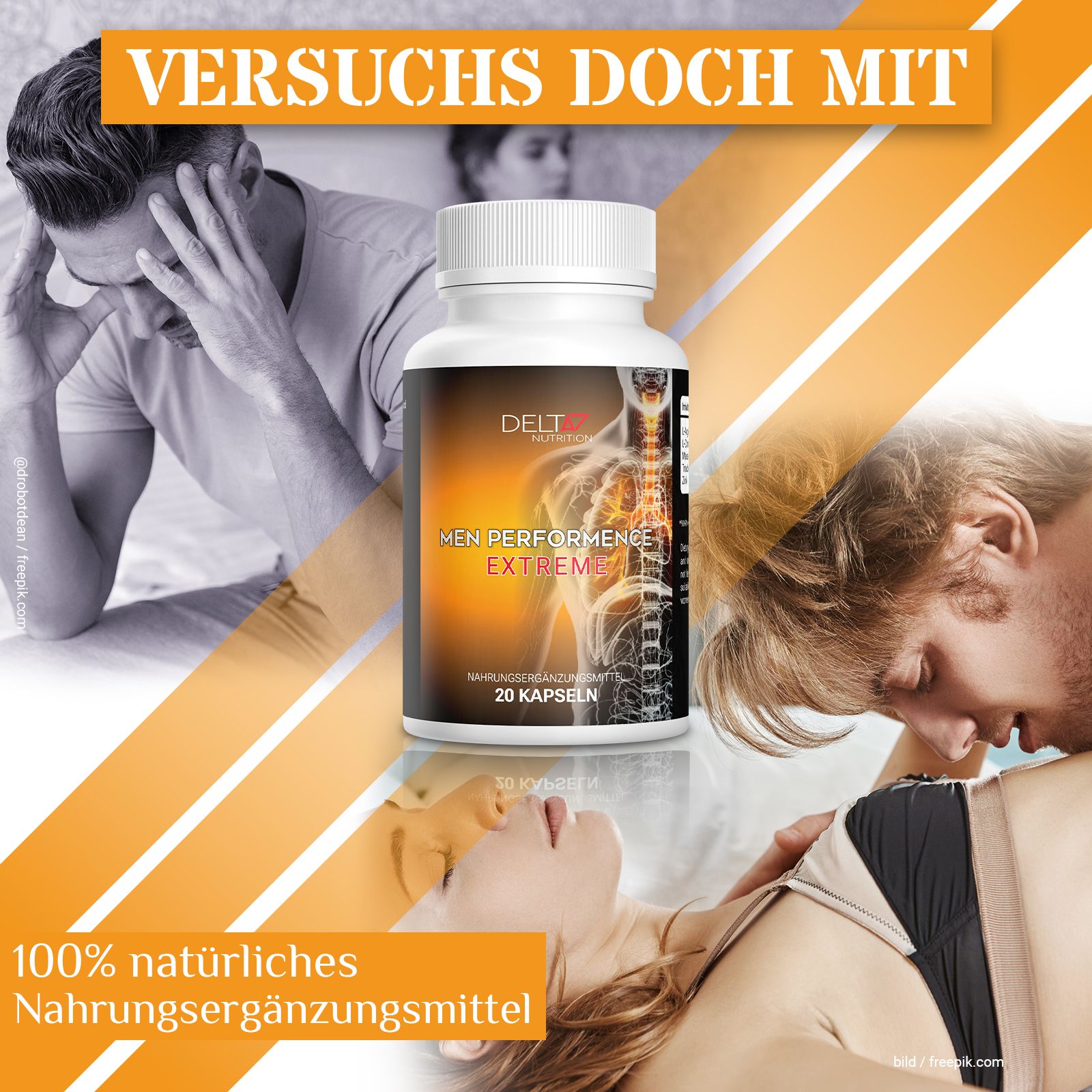 Flasche mit Kapseln, Aufschrift: Men Performance Extreme, 20 Kapseln. Hintergrund: Paare, Text: 100% natürliches Nahrungsergänzungsmittel.