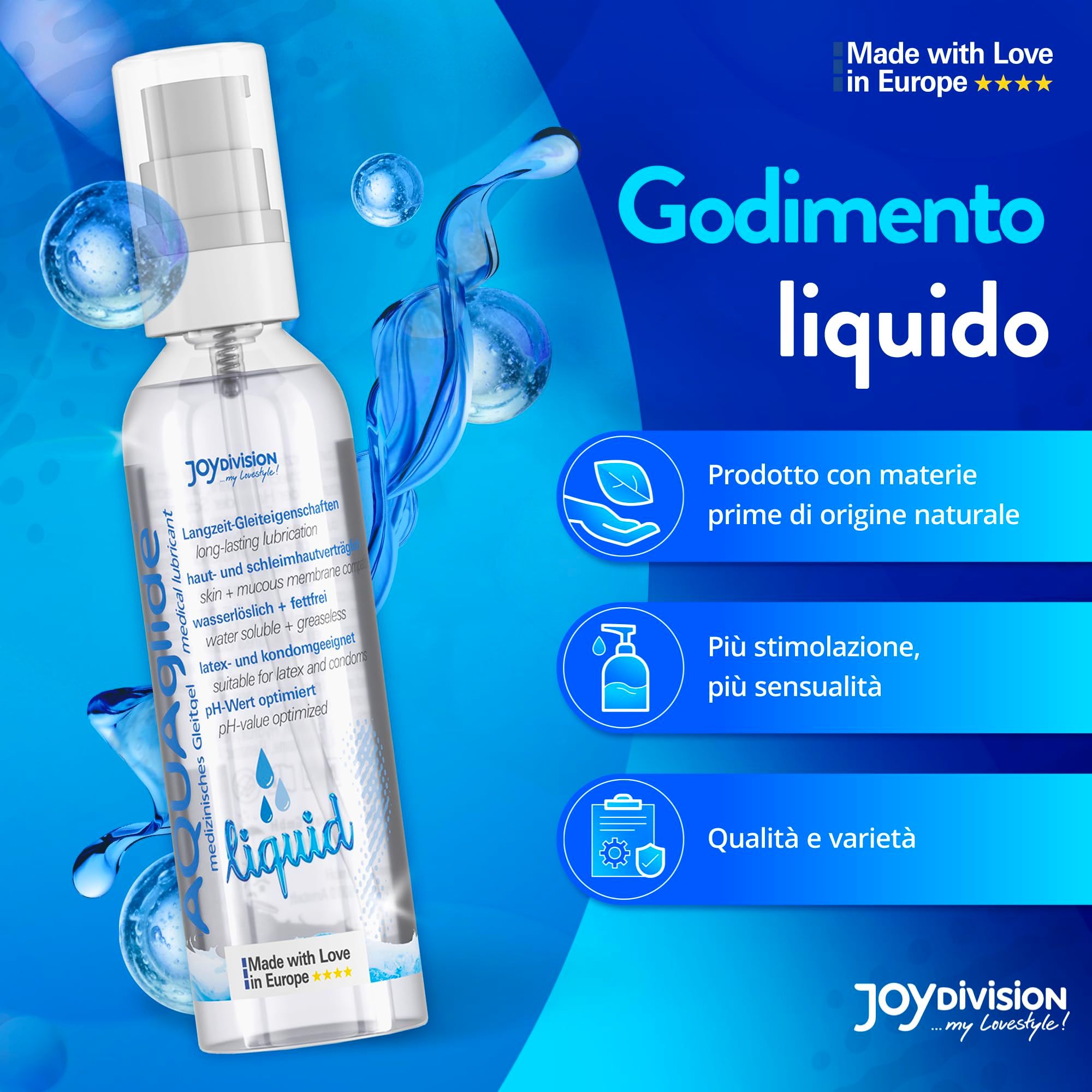 Joydivision AQUA GLIDE Liquid Gleitmittel, Made with Love in Europe.