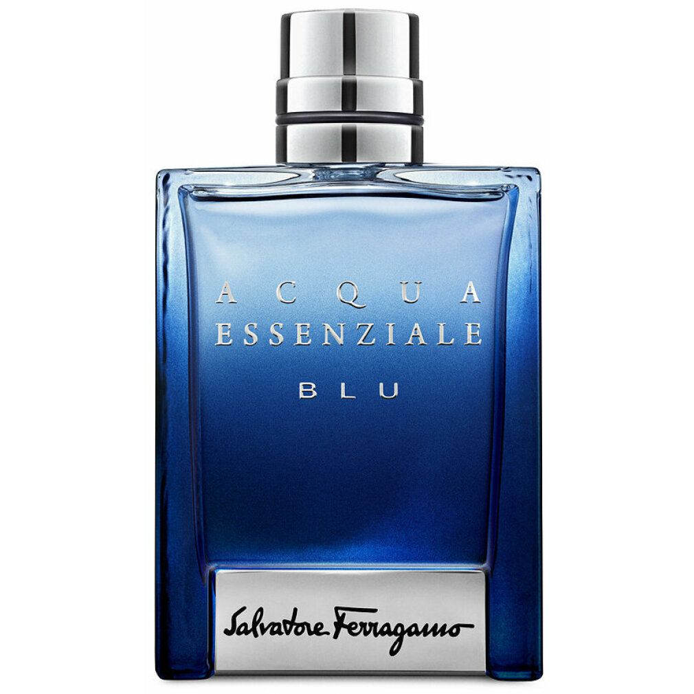 Blaues Parfümflakon mit silbernem Verschluss. Aufschrift: Acqua Essenziale Blu. Unterhalb: Salvatore Ferragamo.