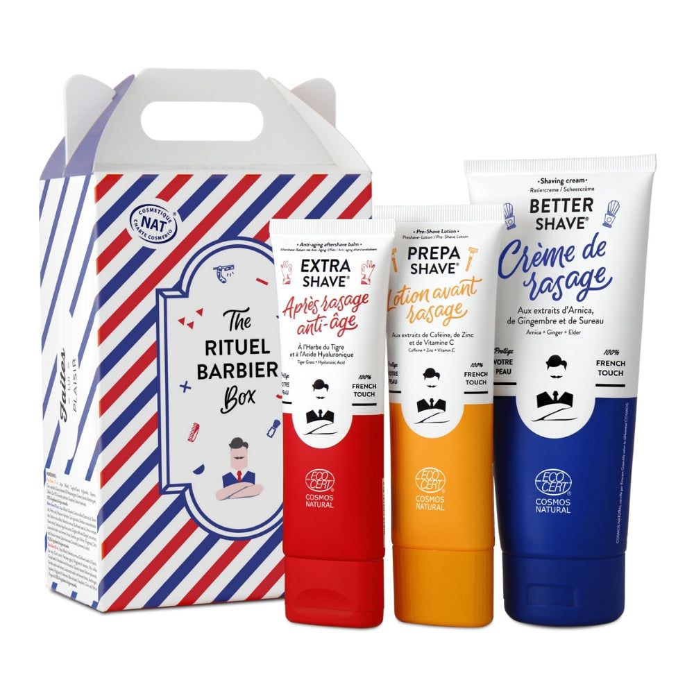 Geschenkbox mit Rasierprodukten. Enthält: Rasiercreme, Aftershave, Lotion vor der Rasur. Box mit rot-weiß-blauen Streifen und Logo.