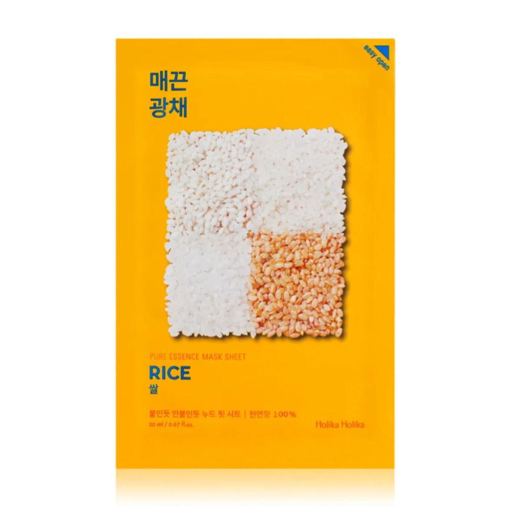 Gelbe Verpackung mit Reis-Motiv. Text in koreanischer und englischer Sprache. Produktname: Rice Pure Essence Mask Sheet.