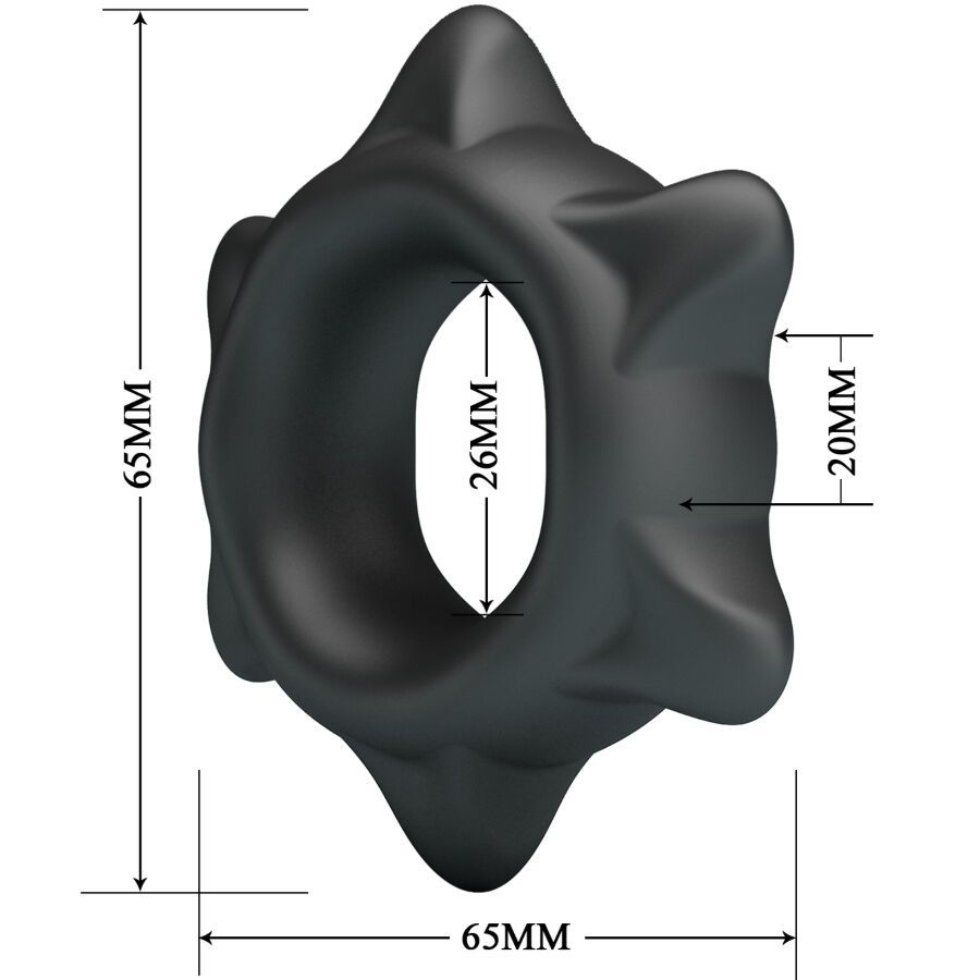 Schwarzer Penisring aus Silikon. Abmessungen: 65mm Durchmesser, 26mm Öffnung, 20mm Dicke.